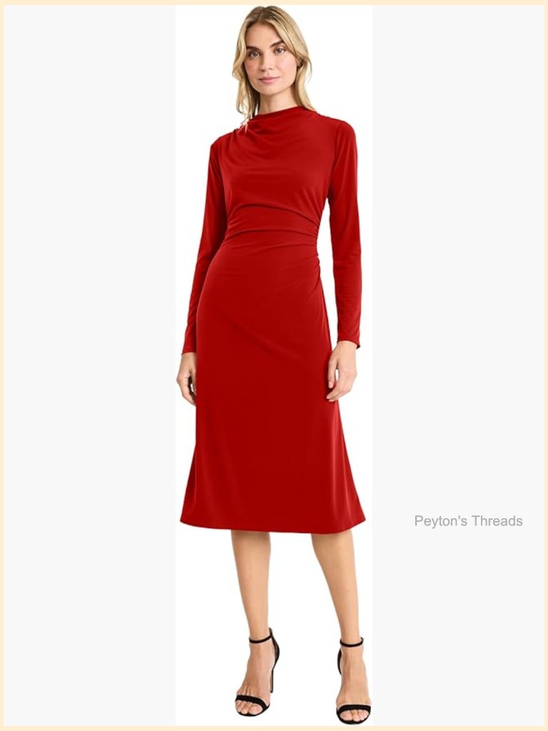 Long Sleeve Mock Neck Ruched Waist Midi Dress - A-Line Evening